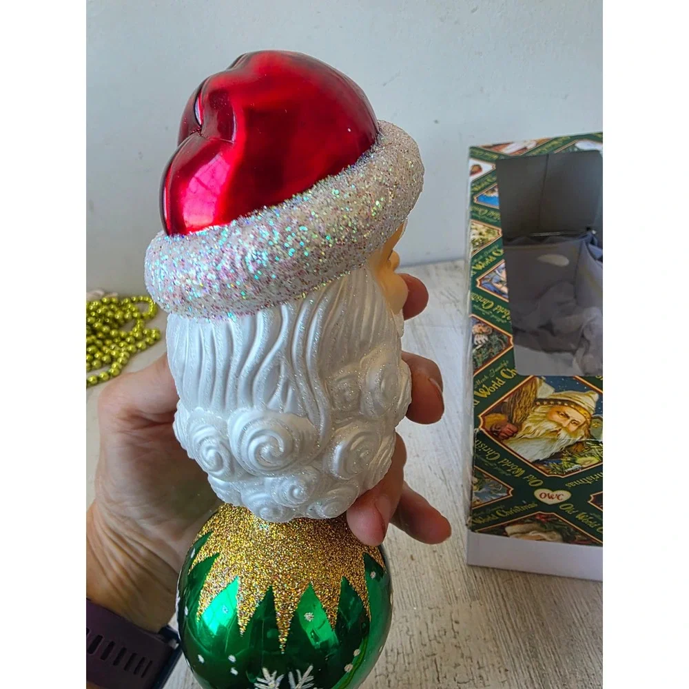 OWC Old world 2005 Santa glitter tree topper ball green gold Xmas tree